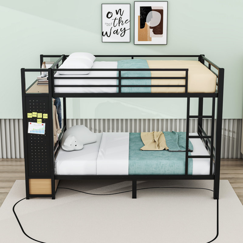 Two Drawers Metal Bunk Bed With Pegboard And Shelves, Queen