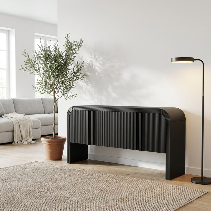 Élégante console extra-longue avec bords incurvés et portes ondulées