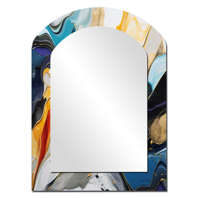 Blue and yellow Liquid Ink Abstraction harmony IV - Liquid Ink Asymmetrical Decorative Wall Mirror, Blue Arch Large Mirror, Printed Metal Art