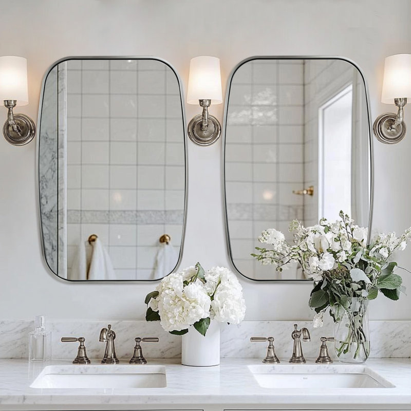 Miroir de salle de bain contemporain | Cadre épais en acier inoxydable, Nickel brossé, 36 po x 28 po