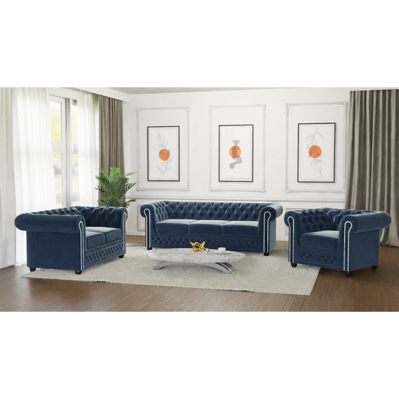 Chesterfield Hanna Sofa Set 3+2+1 Made of Velvet Fabric with Solid Wood Legs, Navy Blue