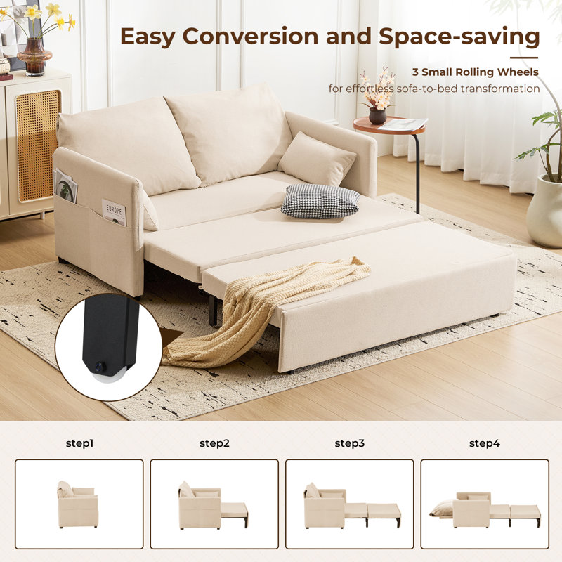 61.75" Queen Size 3 in 1 Convertible Sleeper Sofa with 6-Position Adjustable Backrest & Side Pockets for Living Room, Apartment.