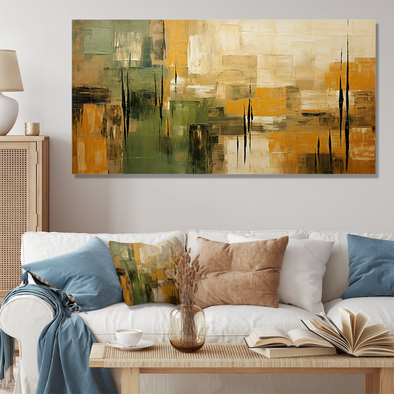 "Green beige Wild Essence Collage I - Tachisme", art mural sur toile, H 28 po x l 60 po, Toile tendue, Sans cadre