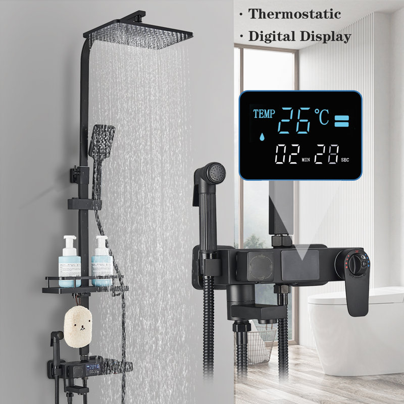 Black Thermostatic Shower System Fixture Wall Mounted Rainfall Shower Head