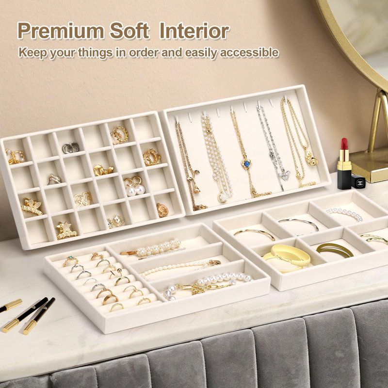 Stackable Velvet Jewellery Tray Organizer Display Case Storage Containers, Earring Holder Necklace Watch Bracelet Accessary Ring Trays(Beige)