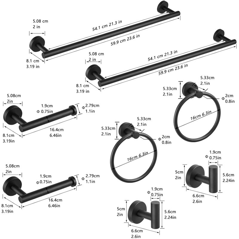 8 Piece Bathroom Hardware Set Wall Mounted Bathroom Accessories Kits Stainless Steel Bathroom Towel Holder Set, Matte Black