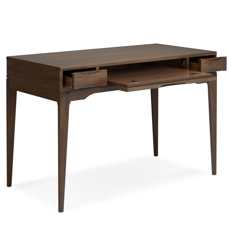 Harper 60"W Solid Wood Mid-Century Modern Writing Desk with 2 Drawers and Flip-Down Keyboard Tray, Walnut Brown