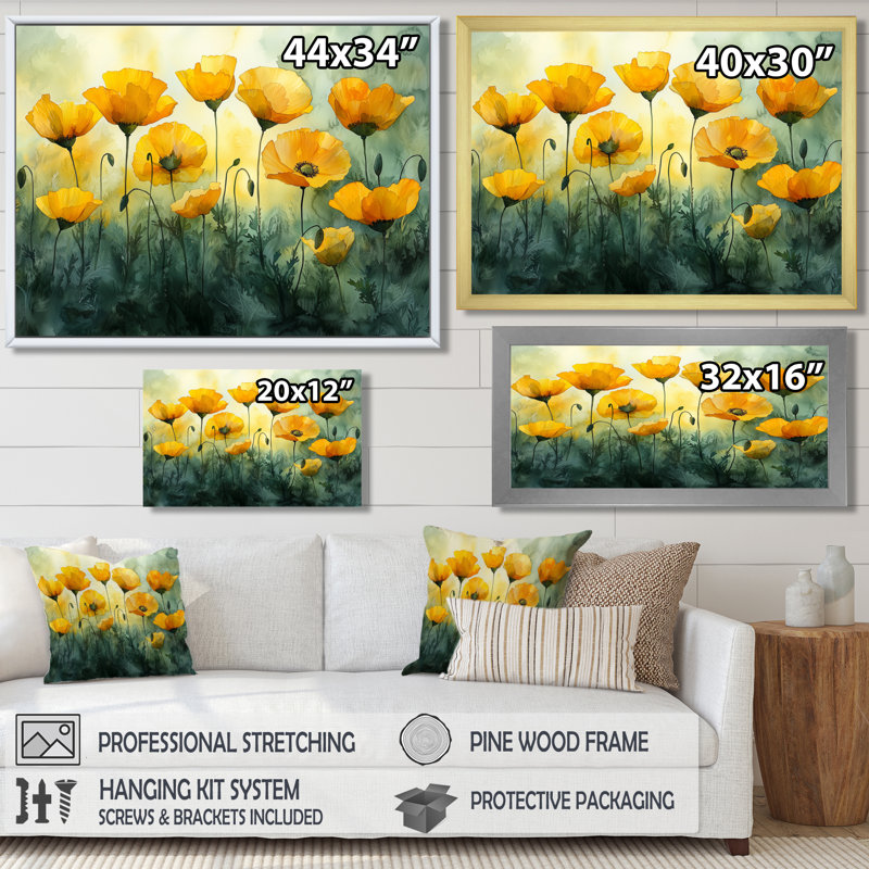 Golden Hour Poppies In Summer II - Poppies, art mural, H 12 po x l 20 po, Silver Picture Framed