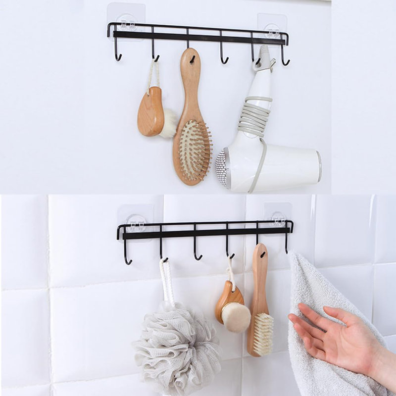 2 pièces crochets utilitaires de cuisine, support d'ustensiles de cuisine mural avec 6 crochets, rail mural, support d'ustensiles sans perçage, crochets muraux de cuisine peu encombrants pour la salle de bain .. (Noir)