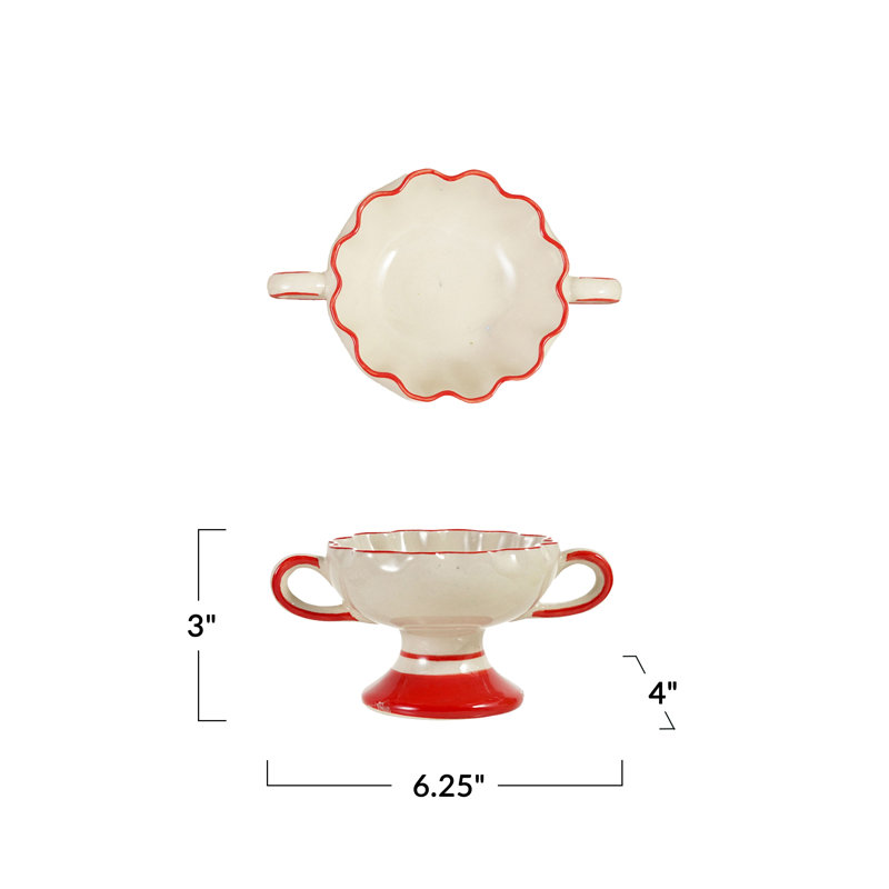 Scalloped Hand-Painted Stoneware Footed Bowl with Handles