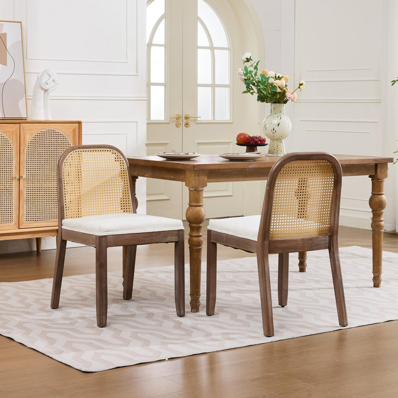 Ensemble de 2 chaises de salle à manger courbées à dossier courbé avec coussin en chenille et structure en bois massif, Beige