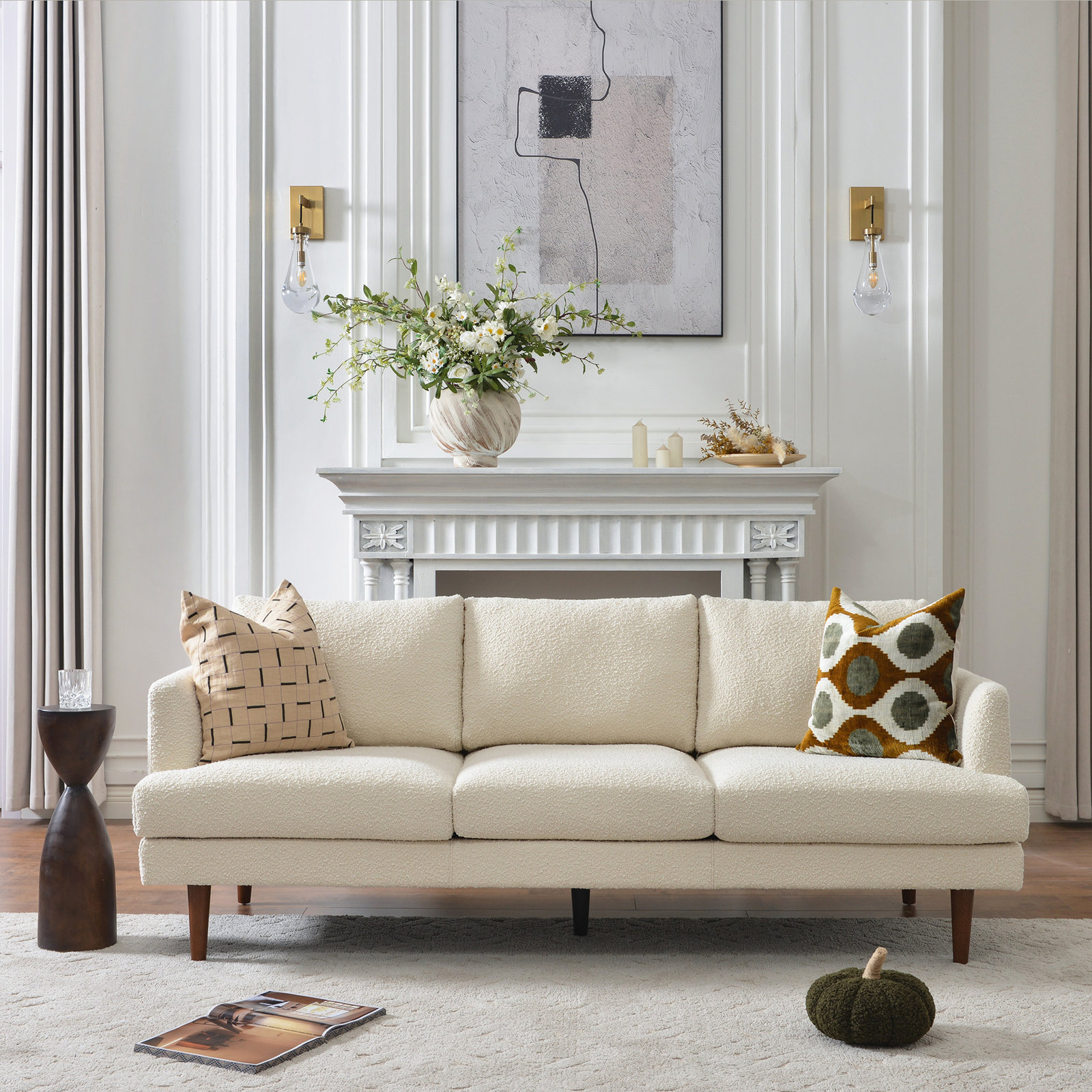 Miller 84'' Upholstered Sofa, Cream Boucle 