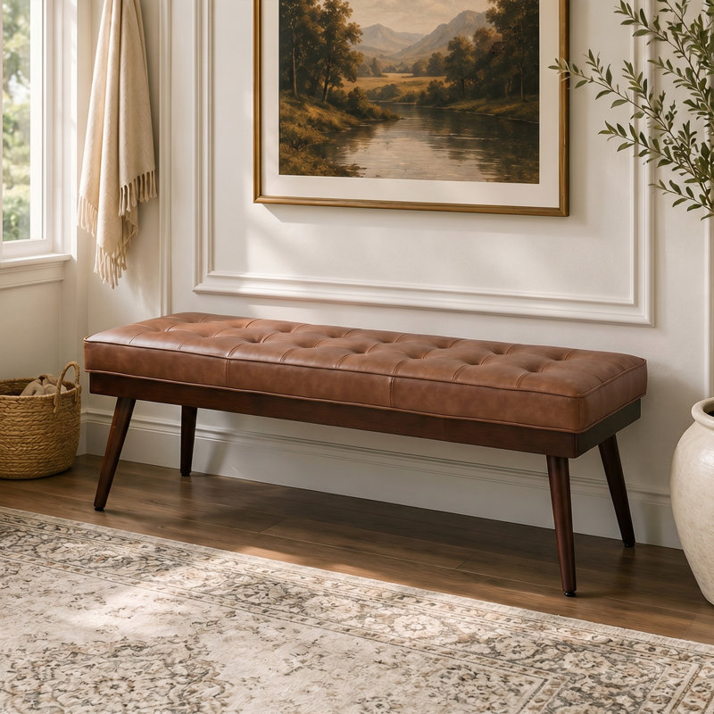 Mid - Century Modern Tufted Genuine Leather Bench with Solid Wood Legs, Brown