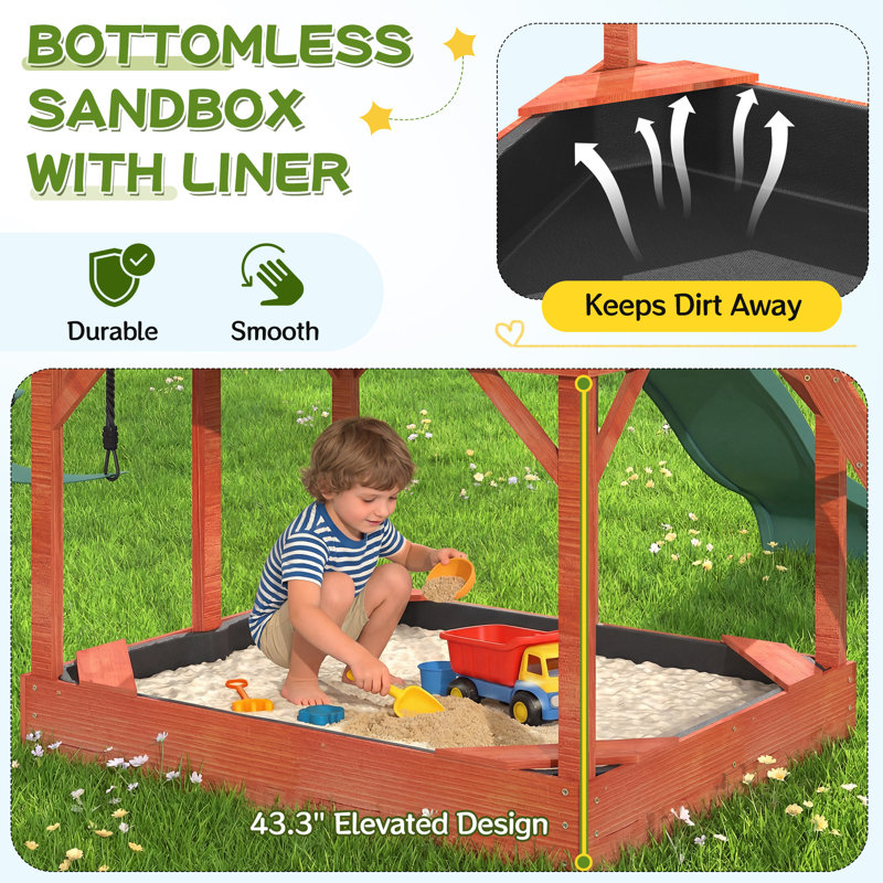 Kids Outdoor Wooden Swing Set with Elevated Playhouse, Wave Slide, Belt Swings and Sandbox