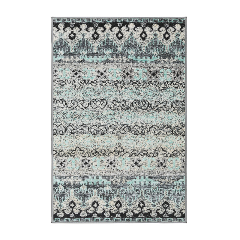 Gris abstrait/noir/Tapis décoratif bleu, Rectangle 4 pi x 6 pi