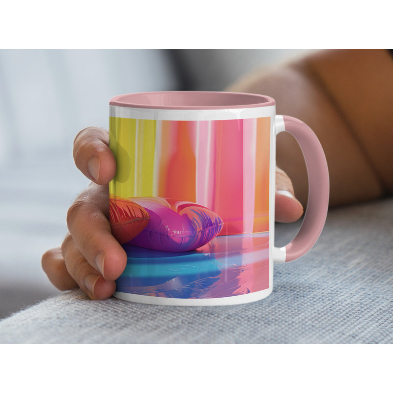 Set of 2 3D Design 11oz Accent Mugs – Ceramic Coffee Cups with a Pink Handle and Interior