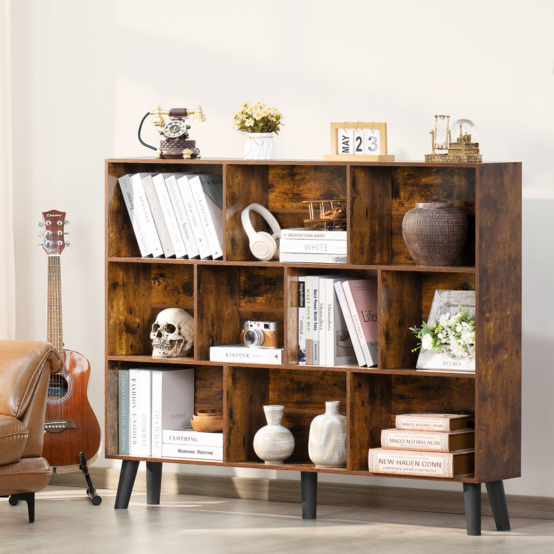 10 Cube Bookshelf,3 Tier Modern Wide Bookcase With Legs,Mid-Century Wood Bookshelves Storage，Retro Large Book Case,Freestanding Organizer Display Shelf For Bedroom,Living Room,Office