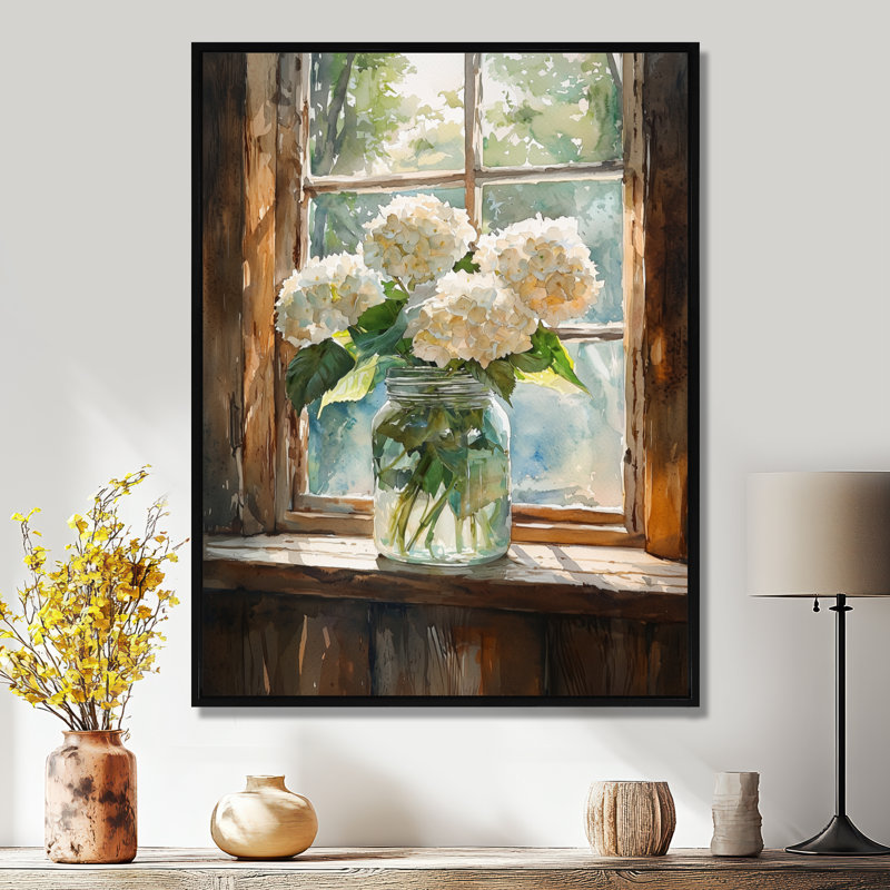 Ched Hydrangeas By The Window - Hydrangea, art mural sur toile, Noir, Reproduction avec cadre flottant, H 20 po x l 12 po