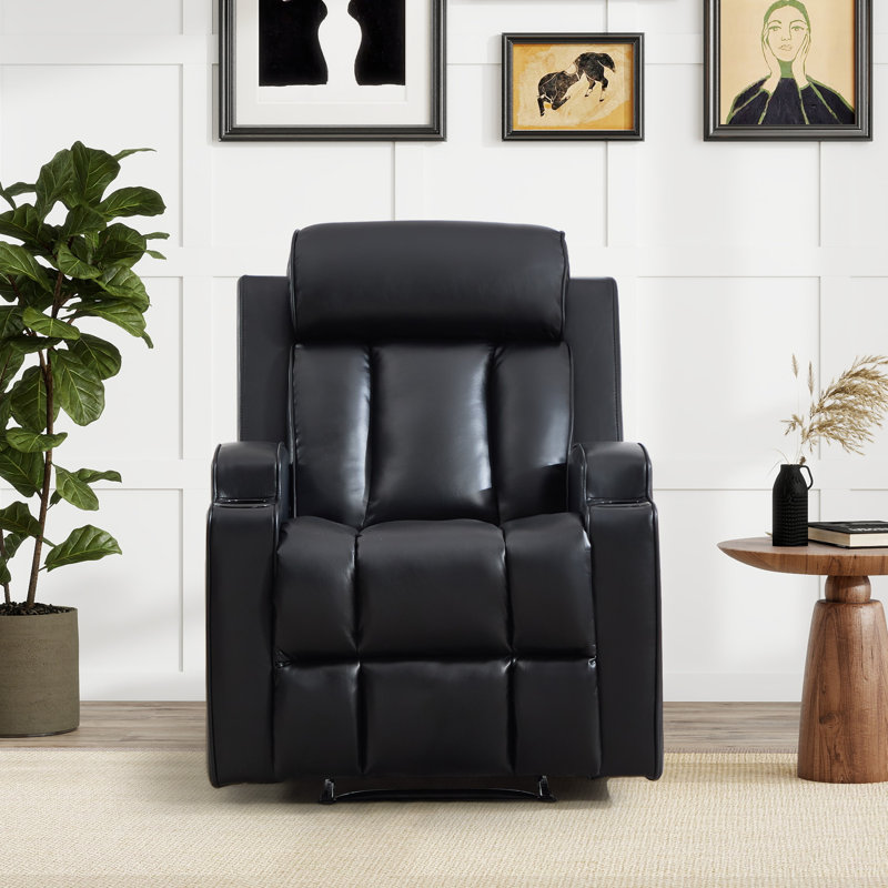 Fauteuil inclinable manuel moderne en similicuir de 31,5 po de largeur avec deux porte-gobelets et un dossier rembourré, Noir