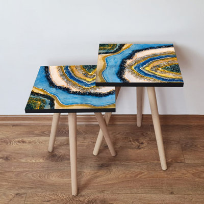 Elegant Marble Nesting Table Set (2 Pieces), Abstract Design, 13.8 x 18.5 x 13.8 inches & 13.8 x 16.5 x 13.8 inches | 100% MDF with Beech Wood Legs, Sturdy & Stylish for Living Room, Modern Home Décor