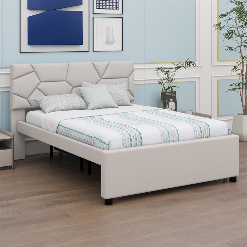 Lit plateforme tapissier avec tête de lit et lit gigogne à motif brique, Beige