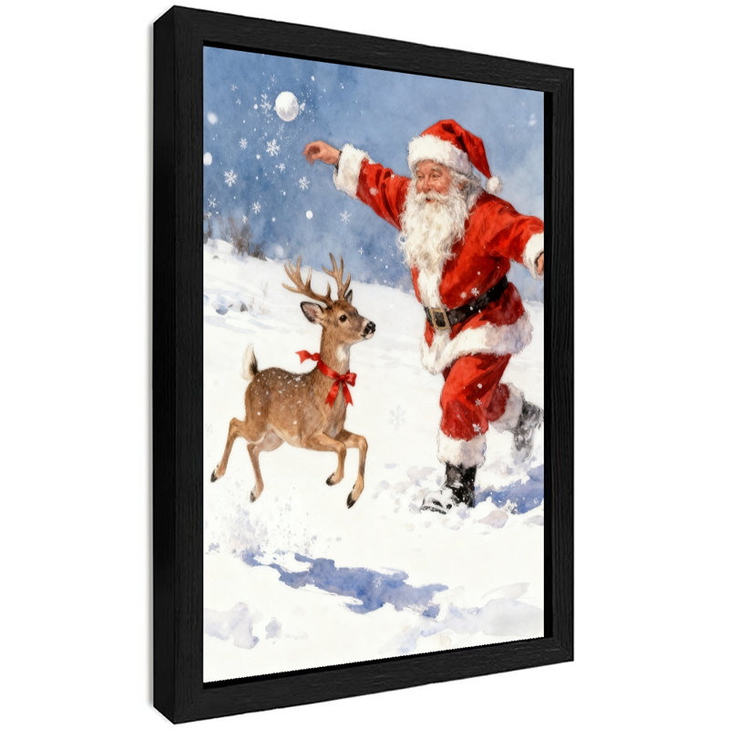 Reproduction d'art encadrée noire, père Noël rétro et son renne dans la neige, H 25 po x l 17 po