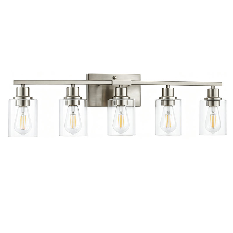 Éclairage de salle de bain 5 lumières à intensité variable, Nickel satiné et transparent, 5