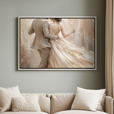 Art mural encadré sur toile - Couple romantique dansant dans une élégante tenue de mariage, art abstrait neutre - 16 po x 24 po, 24 po x 36 po