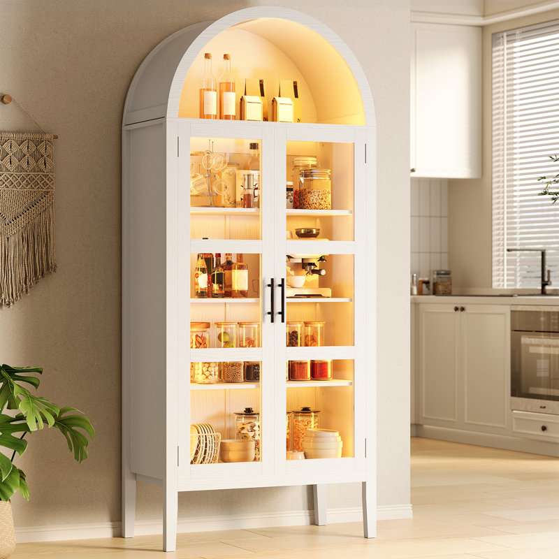Garde-manger arqué de 70 po de hauteur avec portes en verre trempé et éclairage DEL - Rangement moderne en bois avec tablettes réglables et panneaux latéraux en acrylique - pour la cuisine, la salle à manger et le salon