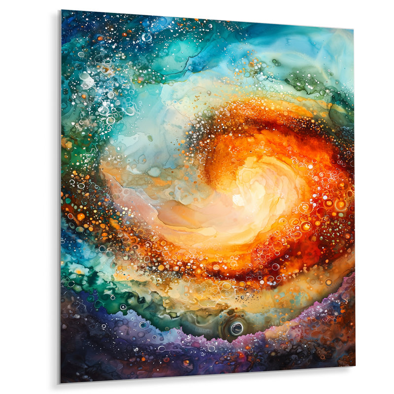 «Green and Orange Celestial Shift In Space III» - Astronomie, impression sur métal, H 20 po x l 12 po x P 0,84 po