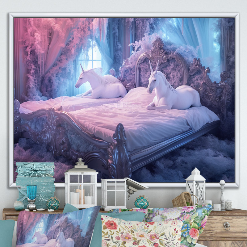 Lit de licorne gracieuse I sur toile, H 12 po x l 20 po x P 1 po, Cadre flottant blanc