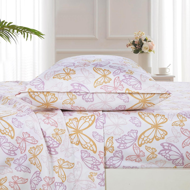 Fun Kids Teens Microfiber Sheet Set, Twin XL Sheet Set with 1 Pillowcase, Multicolor Butterfly