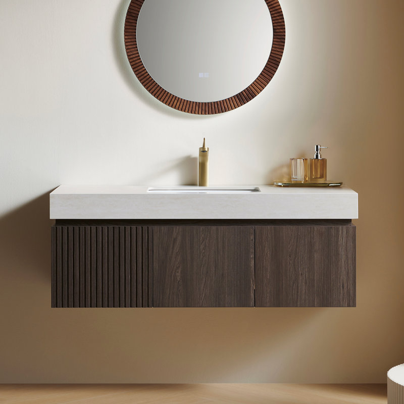Meuble-lavabo simple en contreplaqué et en bois massif, Espresso, 48", Travertin Roma