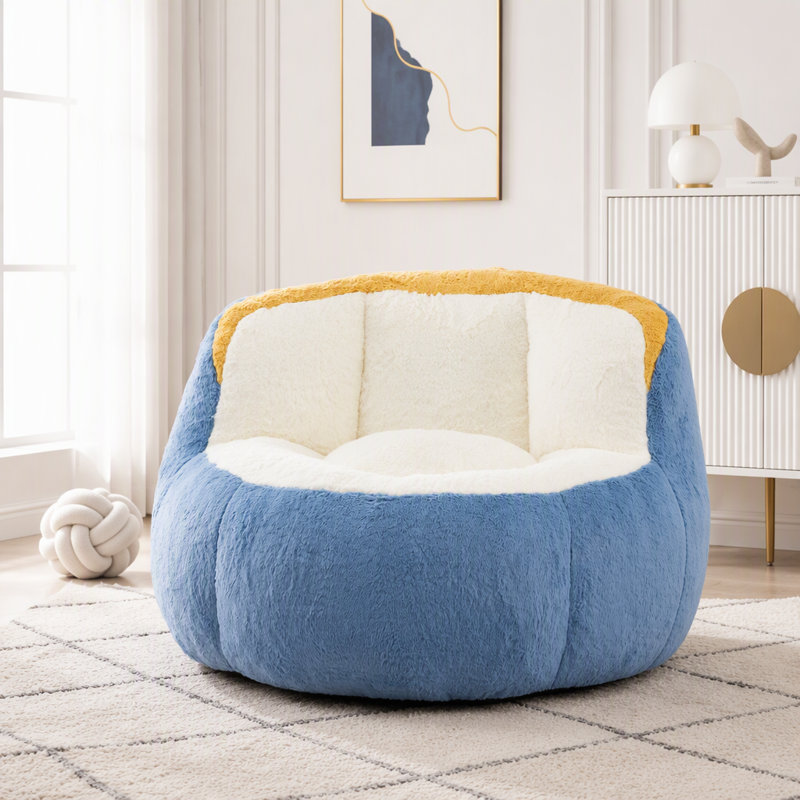 Upholstered Accent Chair with Ottoman, Blue+White+Yellow Faux Fur