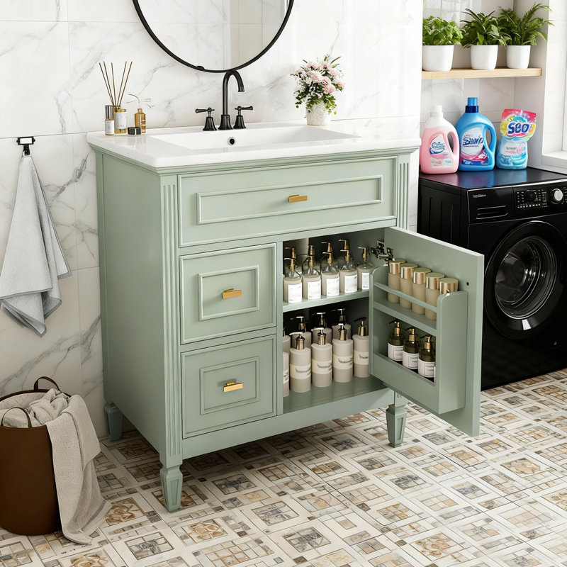 Meuble-lavabo autoportant vert 30 po - Armoire en bois massif / bois aggloméré avec lavabo, tiroir rabattable et tablette réglable