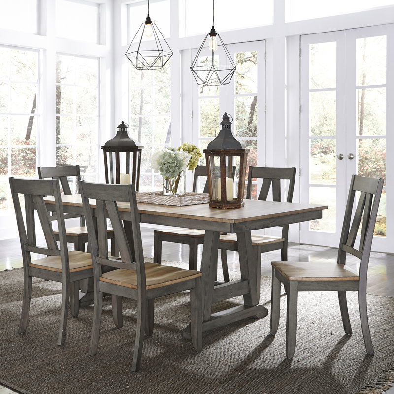 Keswick 6 Person Trestle Dining Table Set w/ 18" Butterfly Leaf, 7 Pieces: Table, 6 Chairs, Brown