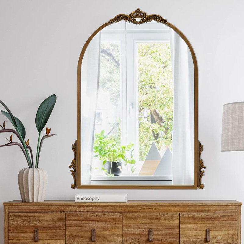 Vintage Metal Ornate Baroque Accent Mirror, Arch Decorative Wall Mirror For Hanging Or Leaning, 26" x 20", Gold