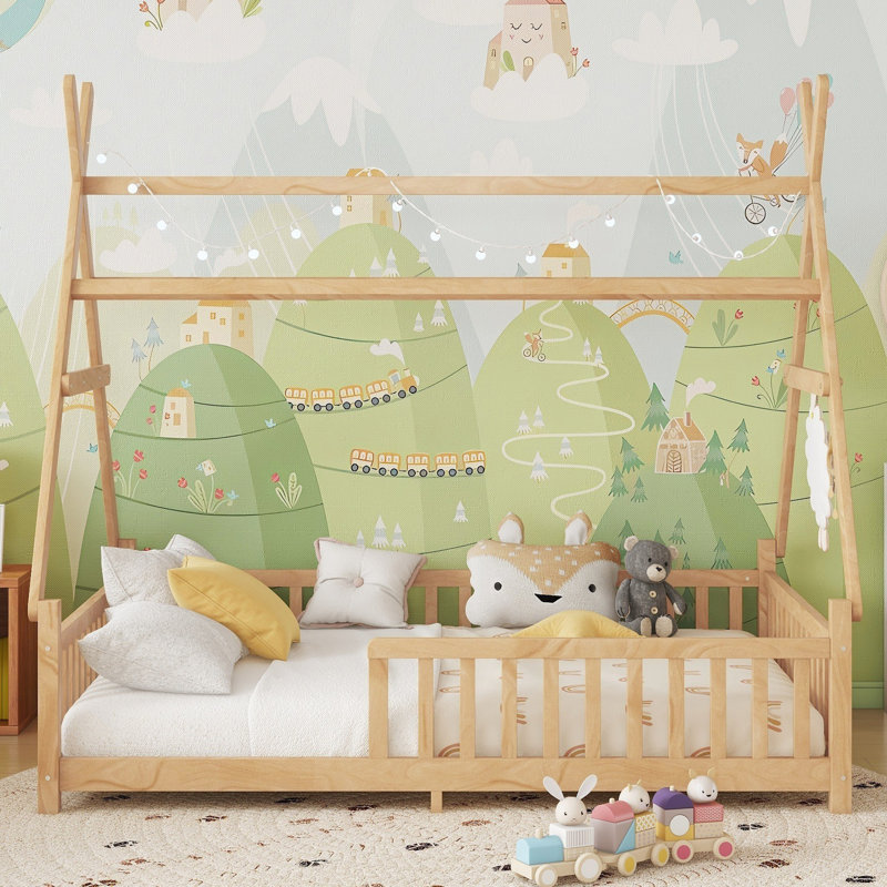 Lit maison avec lumière DEL, plancher bas et toit amovible pour enfants, Double, Naturel
