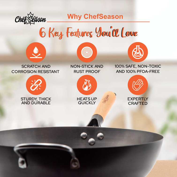 ChefSeason Carbon Steel Wok, Flat Bottom, 100% Coating Free, Pre