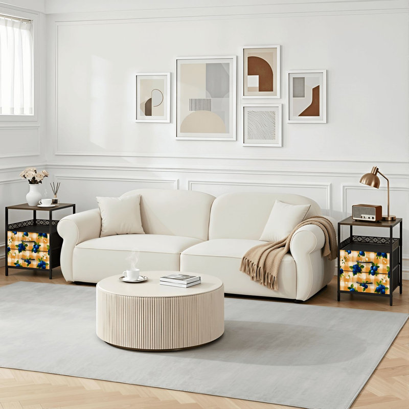 Table de chevet 2 tiroirs avec station de charge, table de chevet de chambre à coucher avec ports USB, tablette ouverte noire, table de chevet avec feuilles transparentes bleuet vert, fleurs blanches, imprimé beige