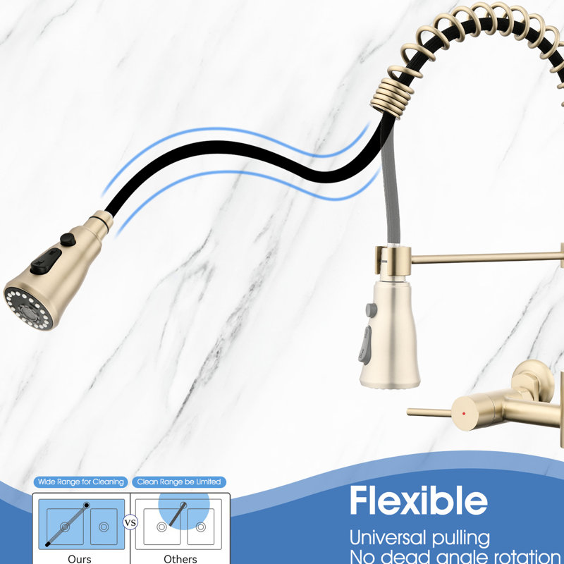 Wall Mounted Bridge Kitchen Faucet - 3 Functions, Stainless Steel, 360 Spout Rotation, 1.8 Gpm Flow Rate, Easy To Clean