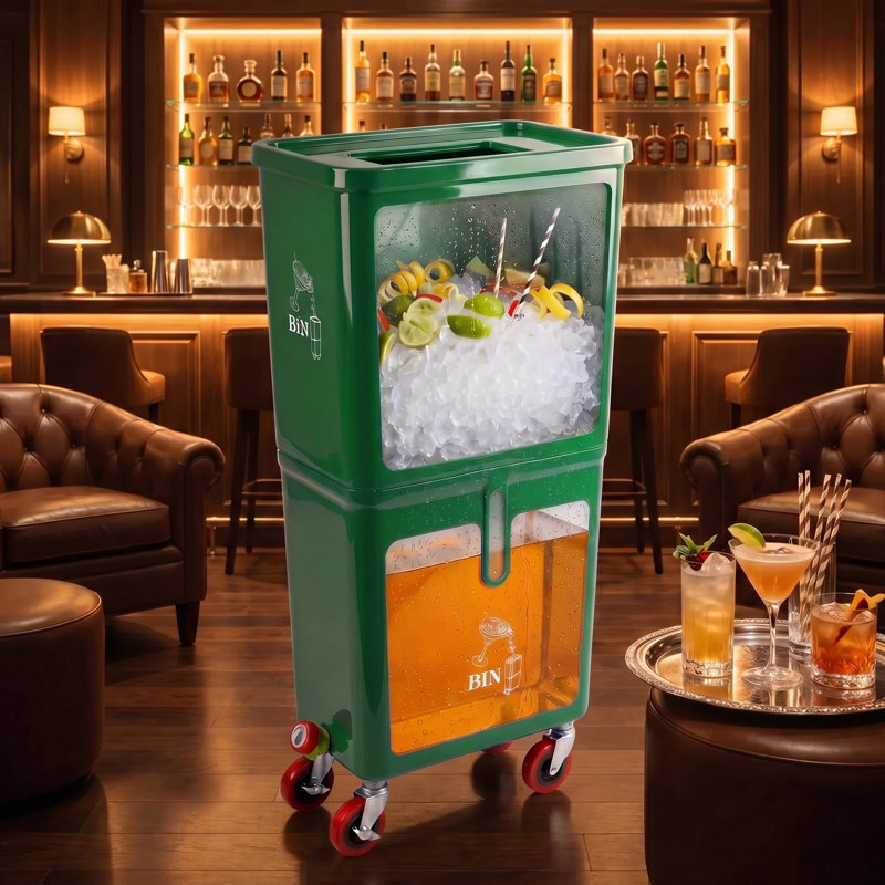 Bac à déchets de boissons commercial vert avec roues verrouillables – Station de vidange à deux compartiments pour déchets liquides et solides, PEHD résistant aux fuites, pour bar, restaurant, traiteur et événements
