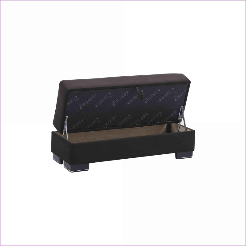 Repose-pieds avec rangement, microfibre noire, moderne et compact | Pieds en bois | Noyer brun, Noir