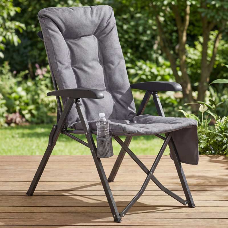 Folding Recliner Chair, Adjustable 95°-150° High Back, Padded Camping Chair With Cup Holder, Grey, 1