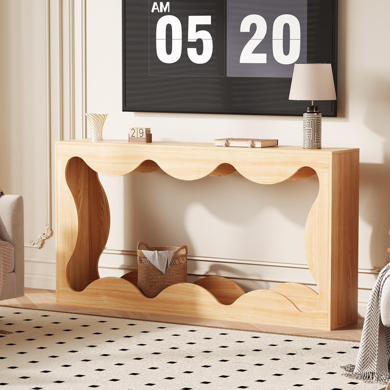 63 Inch Farmhouse Scalloped Console Table for Entryway, Narrow Wood Sofa Table Behind Couch with Storage, Rustic Hallway Furniture for Living Rooms Apartments, Natural