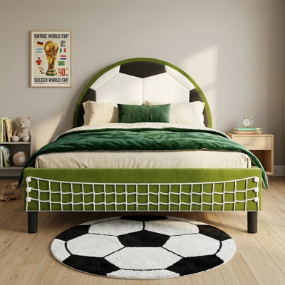 Lit d'enfant avec tête de lit ballon de soccer et pied de lit filet de but - 197,5 x 104,8 x 93,5 cm - MDF - 1 pièce - Lit plateforme - Vert - Tête de lit ballon de soccer et pied de lit filet de but