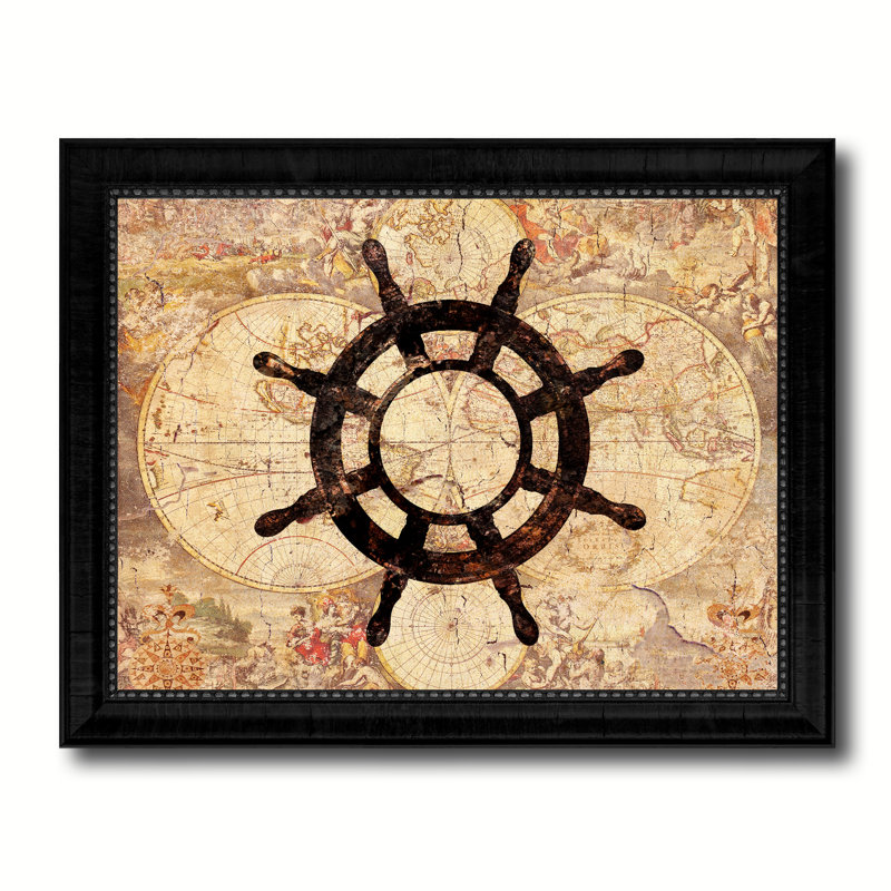«Wheel Nautical Vintage Map», reproduction d'art textuel sur toile encadrée, H 18 po x l 23 po, Encadrement noir