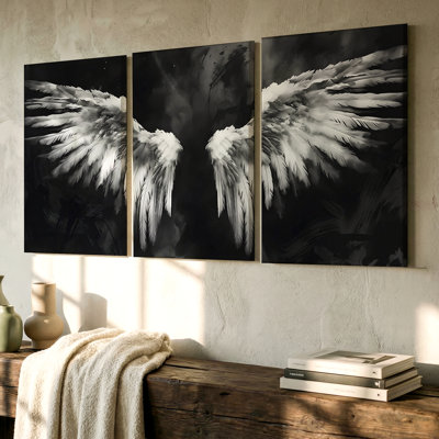 3 Pieces Angel Wings Abstract Large Wall Art in Black and White, Three Pieces Wall Art for Living Room, Bedroom, Office, and Home Decor, Ready to Hang