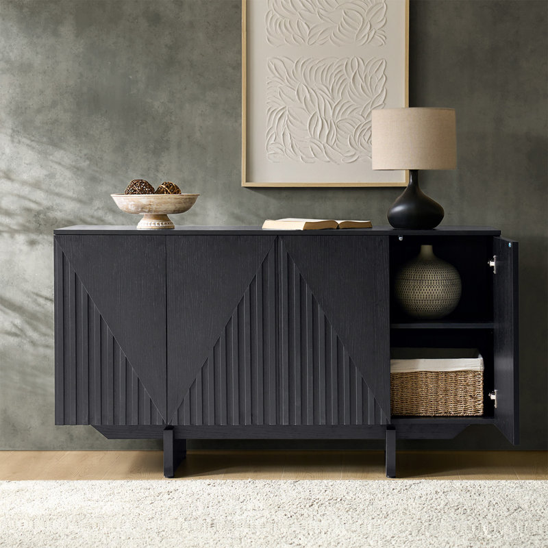 Martha 4-Door Fluted Manufactured Wood Sideboard with Adjustable Shelves and Cable Management, Black