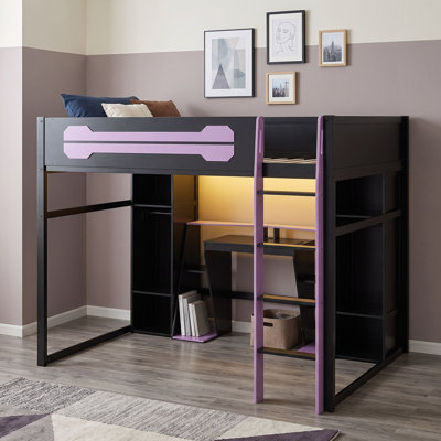Lit mezzanine double en bois avec bureau, garde-robe, lumière DEL et station de charge